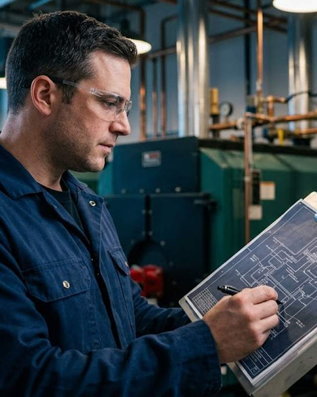 Mechanical engineer reviewing HVAC blueprints in a commercial mechanical room